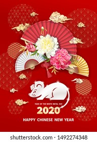 White metal Rat is a symbol of 2020 Chinese New year. Greeting card in Oriental style. Holiday illustration with Peonies flowers, chinese clouds and fans around zodiac sign rat on red background