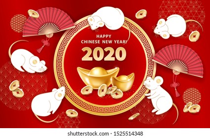 White metal Rat is a symbol of 2020 Chinese New Year. Banner with cute mice, realistic gold ingots Yuan Bao, falling coins, hand fans on red background. The wish of wealth, abundance and monetary luck