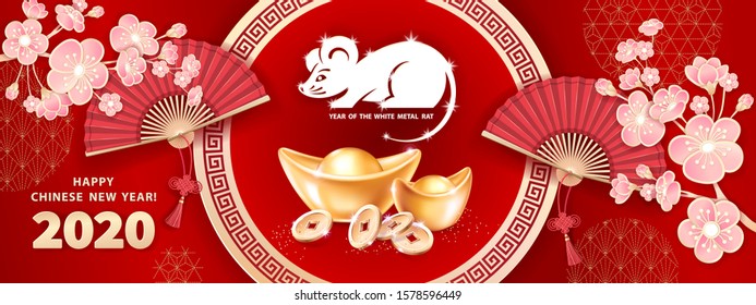 White metal Rat is a symbol of 2020 Chinese New Year. Horizontal banner with realistic gold ingots Yuan Bao, coins, hand fans and sakura flowers on red background. The wish of wealth and monetary luck