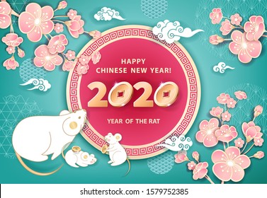 White Metal Rat Is A Symbol Of 2020 Chinese New Year. Horizontal Banner With Cute Mice, Coins, Flowers Pink Spring Sakura On Turquoise Blue Background. The Wish Of Wealth, Abundance And Monetary Luck