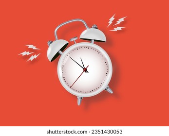 White metal vintage ringing alarm clock on bright red background. Modern design 3d. Vector