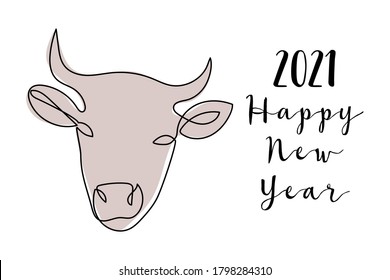 White, metallic bull, ox, cow. Chinese New 2021 Year. Vector continuous line art. Perfect for poster, calendar, card, invitation with symbol of lunar new year.