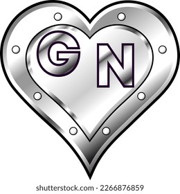 White metallic heart with initial letters G and N, shiny vector illustration, amazing love, passion and happiness vector, illustration for valentine couple. God is good!