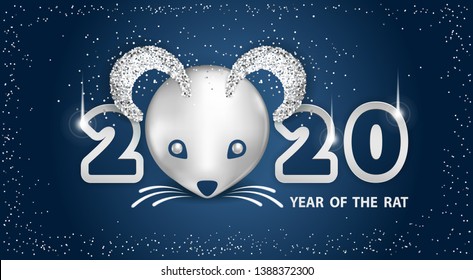 White Metallic Rat is a symbol of the 2020 Chinese New Year. Holiday vector illustration of metallic muzzle of cute rat, numbers, brighting sequins on a dark background. Festive banner design