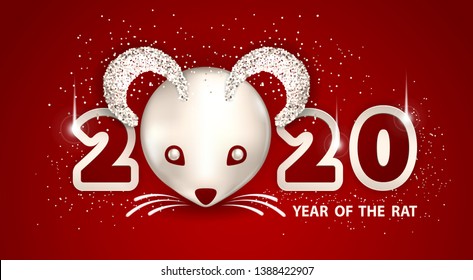 White Metallic Rat is a symbol of the 2020 Chinese New Year. Holiday vector illustration of metallic muzzle of cute rat, numbers, brighting sequins on a red background. Festive banner design