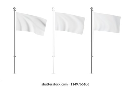 White and metallic wawing flag mockup set. Realistic vector template.