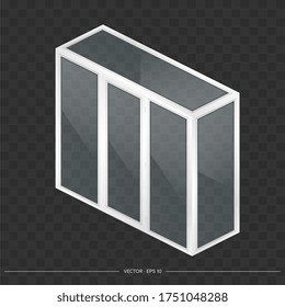 White metal-plastic balcony in isometry. French balcony vector project. Realistic style.