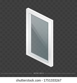 Ventana de metal-plástico blanco con gafas transparentes en 3D. Ventana moderna de estilo realista. Isometry, ilustración vectorial.