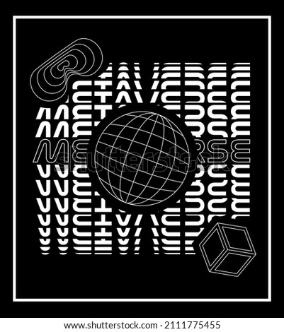 White Metaverse words with shapes on black background. Future technology concept. T-shirt design.