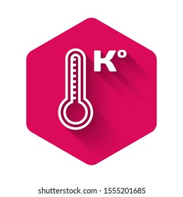 White Meteorology thermometer measuring heat and cold icon isolated with long shadow. Temperature Kelvin. Pink hexagon button. Vector Illustration