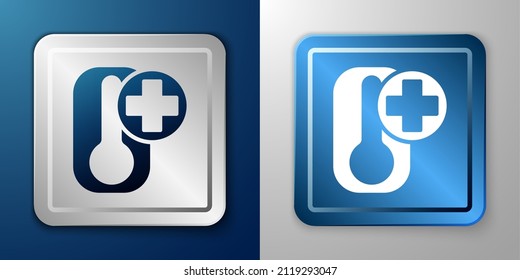 White Meteorology thermometer measuring heat and cold icon isolated on blue and grey background. Thermometer equipment showing hot or cold weather. Silver and blue square button. Vector