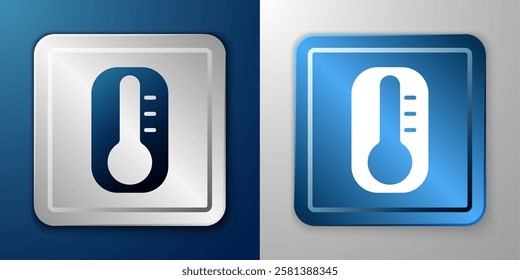 White Meteorology thermometer measuring heat and cold icon isolated on blue and grey background. Thermometer equipment showing hot or cold weather. Silver and blue square button. Vector