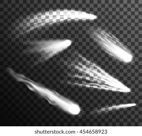 Meteoros blancos y cometas de diferentes Formas y tamaños sobre fondo de cuadros negros y grises transparentes Ilustración vectorial plana 