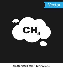 White Methane emissions reduction icon isolated on black background. CH4 molecule model and chemical formula.  