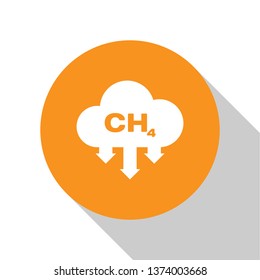 White Methane emissions reduction icon isolated on white background. CH4 molecule model and chemical formula. Marsh gas. Natural gas. Orange circle button. Flat design. Vector Illustration