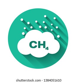 White Methane emissions reduction icon isolated with long shadow. CH4 molecule model and chemical formula. Marsh gas. Natural gas. Green circle button. Vector Illustration