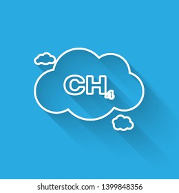 White Methane emissions reduction line icon isolated with long shadow. CH4 molecule model and chemical formula. Marsh gas. Natural gas. Vector Illustration