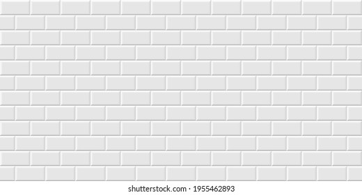 White metro tiles seamless background. Subway brick horizontal pattern for kitchen, bathroom or outdoor architecture vector illustration. Glossy building interior design tiled material.
