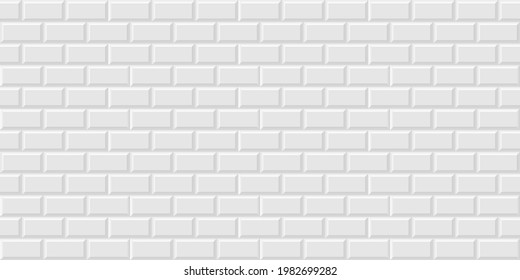 White metro tiles seamless background. Subway brick horizontal pattern for kitchen, bathroom or outdoor architecture vector illustration. Glossy building interior design tiled material.