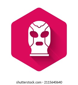 White Mexican wrestler icon isolated with long shadow background. Pink hexagon button. Vector