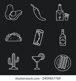 White Mexico line icons on black background.