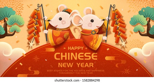 White mice holding firecrackers on beige background in paper art style