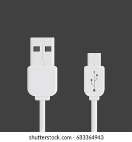 White micro cables. Smart phone recharge supply or PC peripherals connector. Cable mobile devices symbol. Vector illustration