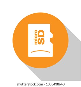 White Micro SD memory card icon isolated on white background. Orange circle button. Flat design. Vector Illustration
