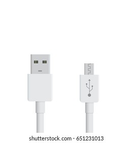 White micro USB cables on white background. Connectors and sockets for PC and mobile devices. Computer peripherals connector or smartphone recharge supply