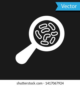 White Microorganisms under magnifier icon isolated on black background. Bacteria and germs, cell cancer, microbe, virus, fungi.  Vector Illustration