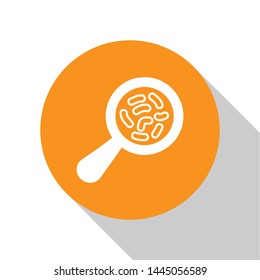 White Microorganisms under magnifier icon isolated on white background. Bacteria and germs, cell cancer, microbe, virus, fungi. Orange circle button. Vector Illustration