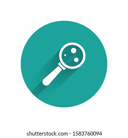 White Microorganisms under magnifier icon isolated with long shadow. Bacteria and germs, cell cancer, microbe, virus, fungi. Green circle button. Vector Illustration