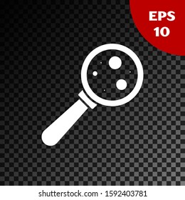 White Microorganisms under magnifier icon isolated on transparent dark background. Bacteria and germs, cell cancer, microbe, virus, fungi.  Vector Illustration