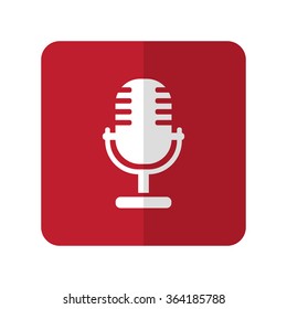 White Microphone flat icon on red rounded square on white