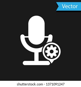 White Microphone and gear icon isolated on black background. Adjusting app, service concept, setting options, maintenance, repair, fixing. Vector Illustration