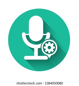 White Microphone and gear icon isolated with long shadow. Adjusting app, service concept, setting options, maintenance, repair, fixing. Green circle button. Vector Illustration