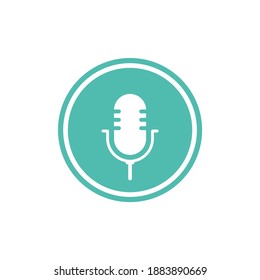 white microphone in green circle with audio waves icon. Voice recognition, AI personal assistant. radio, podcast logo. Audio message, recorder, speak sign. Vector illustration isolated on white 