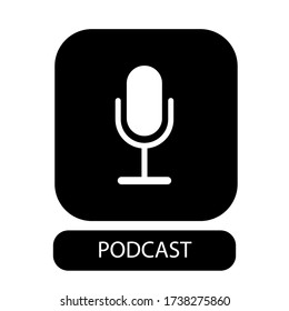 The white microphone icon in flat style on black background. Logo, application, user interface. Podcast radio icon. Studio table microphone with broadcast text podcast.
