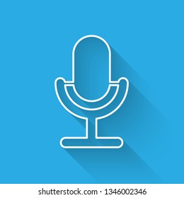 White Microphone icon isolated with long shadow. On air radio mic microphone. Speaker sign. Vector Illustration