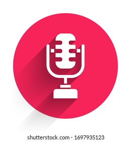 White Microphone icon isolated with long shadow. On air radio mic microphone. Speaker sign. Red circle button. Vector Illustration