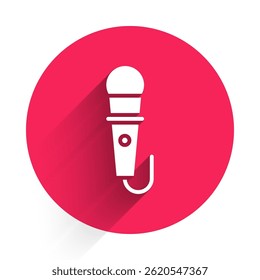 White Microphone icon isolated with long shadow. On air radio mic microphone. Speaker sign. Red circle button. Vector Illustration