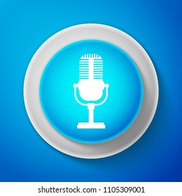 White Microphone icon isolated on blue background. Circle blue button with white line. Vector Illustration