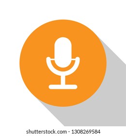White Microphone icon isolated on white background. On air radio mic microphone. Speaker sign. Orange circle button. Flat design. Vector Illustration