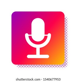 White Microphone icon isolated on white background. On air radio mic microphone. Speaker sign. Square color button. Vector Illustration