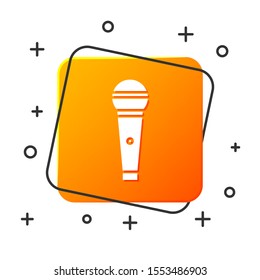 White Microphone icon isolated on white background. On air radio mic microphone. Speaker sign. Orange square button. Vector Illustration