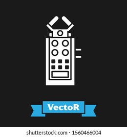 White Microphone icon isolated on black background. On air radio mic microphone. Speaker sign.  Vector Illustration