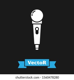 White Microphone icon isolated on black background. On air radio mic microphone. Speaker sign.  Vector Illustration