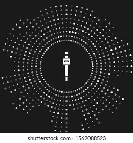 White Microphone icon isolated on grey background. On air radio mic microphone. Speaker sign. Abstract circle random dots. Vector Illustration