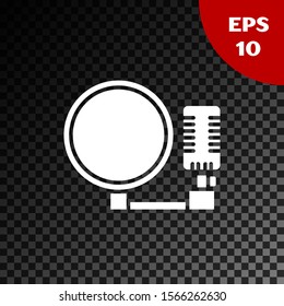 White Microphone icon isolated on transparent dark background. On air radio mic microphone. Speaker sign.  Vector Illustration