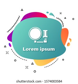 White Microphone icon isolated on white background. On air radio mic microphone. Speaker sign. Abstract banner with liquid shapes. Vector Illustration